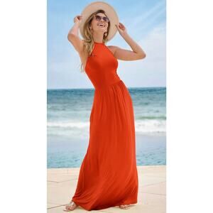 Venus Maxi Dress Women Small Orange High Halter Neck Sleeveless Beach Resort